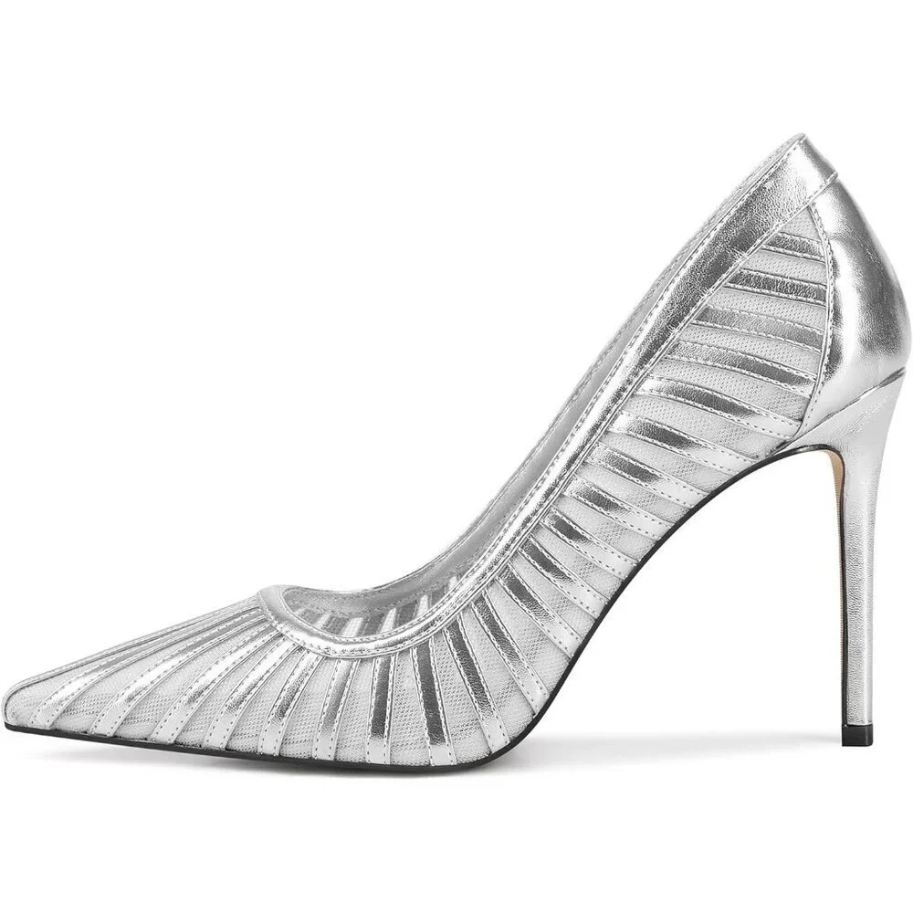Women's Silver Pumps Pointed Toe Heels Closed Toe Mesh Pumps High Stiletto Heel